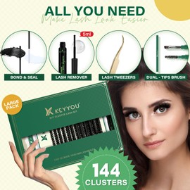 DIY Lash Extension Kit KEYYOU 144pcs Lash Clusters Eyelash Extension Kit with Mascara Brush Bond and Seal Lash Glue Remover Lash Applicators Lash Brush Clean Pad for DIY Lash Extensions (Y04 Kit)