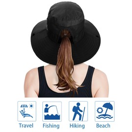 LCZTN Womens Ponytail Wide Brim Sun Hat Packable UV Protection Beach Cap for Fishing & Hiking Black