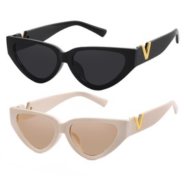 Teumire Fashion Cat Eye Sunglasses for Women 90s Retro Trendy Y2K Aesthetic Vintage Small Black Shades 2 Pack(Black/Grey+Beige/Transparent Brown)