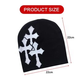 Y2K Knit Beanie with Cross Pattern,Warm Knitted Hat Streetwear Outdoor Winter Cross Hats for Men and Women Black-White