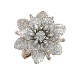 Double Layered Rhinestone Flower Ring for Women Cubic Zirconia Geometry Sunflower Wrap Finger Band Adjustable Open Bands Rings Engagement Jewelry (Silver)