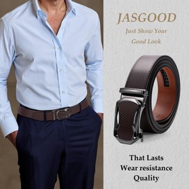 JASGOOD Mens Belt Ratchet Leather Belt Automatic Slide Belt for Men Dress Casual Belt with Adjustable Buckle(Coffee-Light Gun Coffee)