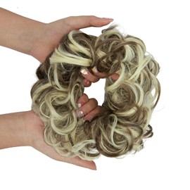 OMGREAT 1Pack Messy Hair Bun Hair Scrunchies Extension Curly Wavy Fake Hair Buns Messy Synthetic Chignon for Women Updo Hairpiece Brown Mix Bleach Blonde