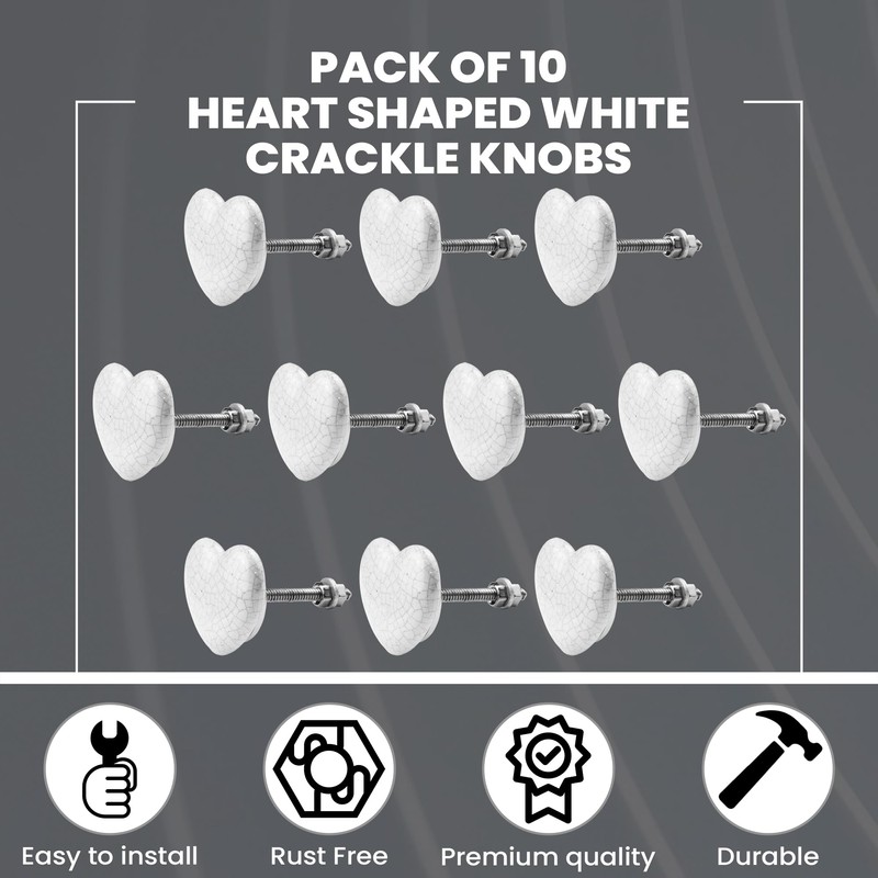 ETHNICITI Pack of 10 Heart White Crackle 40mm Ceramic Door