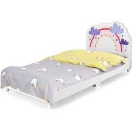 HONEY JOY Twin Bed Frames for Kids, Toddler Wooden Twin Bed Platform with Headboard & Slat Base, No Box Spring Needed, Children Bedroom Furniture for Boys Girls, Fits Standard Twin Mattress, Rainbow