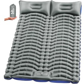 Pretyw Double Sleeping Pad for Camping - Ultralight Camping Mattress with Pillow, Built-in Foot Pump, Compact Inflatable 2-Person Portable Mat for Backpacking, Hiking, Car Traveling, Beach, Tent