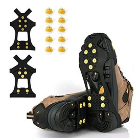 BETLLEMORY Ice Cleats, Ice Grips Traction Cleats Grippers Non-Slip Over Shoe/Boot Rubber Spikes Crampons with 10 Steel Studs Crampons + 10 Extra Replacement Studs (Large, Black)