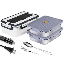 FanFanOK Electric Lunch Box, heated lunchbox for adults men 12V/24V/110V portable Food Warmer 80W self heating lunch boxes for Car Truck Work, heatable lunchbox with 2 Stainless Steel Containers 60-oz