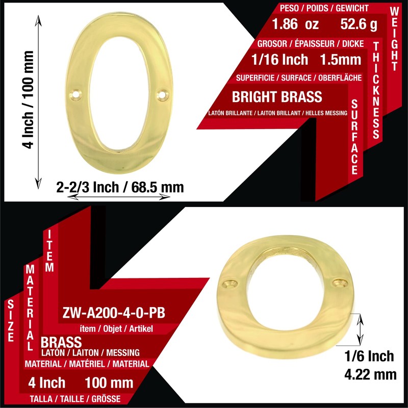 ZhongWang Hardware ZW-A200 4 Inch Bright Brass House Number 0/ZhongWang