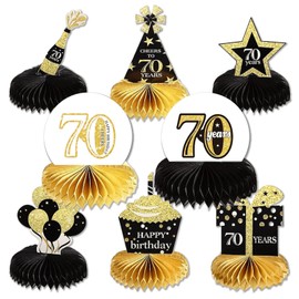 8 Pieces 70th Birthday Decorations Honeycomb Centerpieces, 70th Birthday Party Decorations, Gold & Black "Cheers to 70 Years" Table Toppers, Easy DIY Birthday Supplies, Effortless Setup