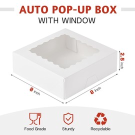 ZORRITA 8" x 8" x 2.5" Auto Pop-up Pie Boxes with Window, 50 Pack White Cookie Boxes Chocolate Covered Strawberries Boxes Bakery Boxes for Donuts, Muffins, Cheesecakes, Treats