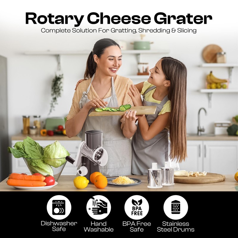 Reecaz Rotary Cheese Grater with 3 Stainless Steel Blades –
