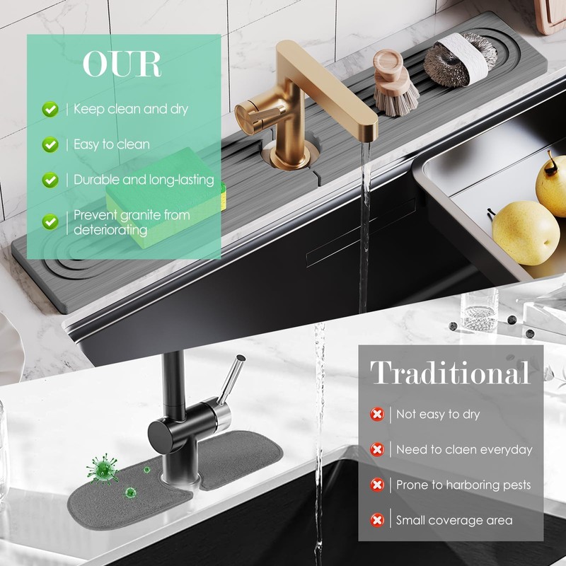 23.6'' Long Stone Faucet Mat for Kitchen Sink-Diatomite Quick Dry