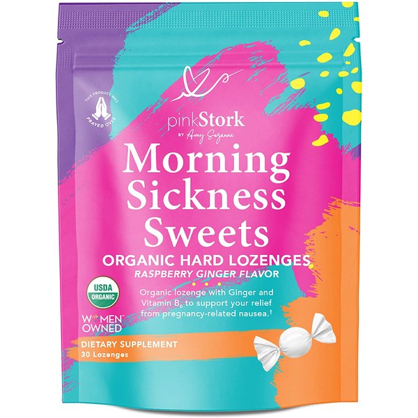 Pink Stork Morning Sickness Sweets: Ginger Raspberry Morning Sickness Candy for Pregnancy, Nausea, Digestion, 100% Organic + Vitamin B6, Women-Owned, 30 Hard Lozenges