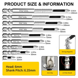 K5 Magnetic Screwdriver Bit Set 18PCS, Extra Long Phillips Drill Bits 25-150mm, High Magnetic Impact Driver Bits for Power Drill, Non Slip Screwdriver Bits Set for Home Repair DIY