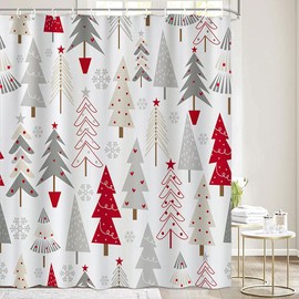 iTapnoom Christmas Trees Shower Curtain Red Grey XmasTree Merry Christmas Hallp New Year Bathroom Decorations, Cute White Waterproof Fabric Shower Curtain Sets with Hooks, 72x72