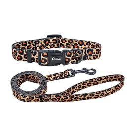 Olahibi Dog Collar Leash Set, Leopard Pattern, Polyester Material, Adjustable Collar and 5ft Matching Leash, for Medium Dogs.(M, Yellow Leopard)