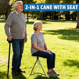 ALEVMOOM Walking Cane with Seat Folding Lightweight, 2-in-1 Cane Stool for Adults, Aluminum Walking Stick with Seat, Capacity 330lb Portable Stool for Senior, with Carry Bag-Black
