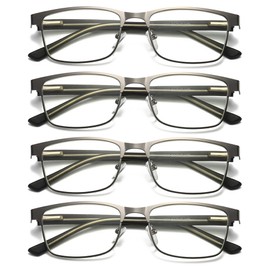 B&Q 4 Pack Mens Square Metal Frame Blue Light Blocking Reading Glasses Spring Hinge Readers (GM002 X4, 3.00, multiplier_x)