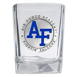 Heritage Pewter US AIR FORCE ACADEMY - Vaso de chupito cuadrado esculpido a mano de 1.5 onzas | Incrustación de Alma Mater de metal intrincadamente hecho