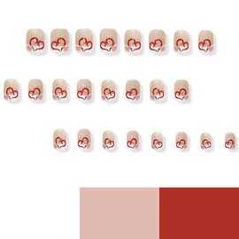 24 Pcs Press on Nails Short Square Fake Nails White French Nail Tips Red Pink Heart Design Full Cover Acrylic Nude False Nails Daily Wear Nails Stick on Nails for Women DIY Decoration