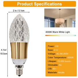 ELGOBST E12 Decorative Light Bulb, 4000K Natural Light LED Bulbs Equivalent 30W, Vintage Edison Style, Unique Crystal Light Bulbs for Chandeliers, Ceiling Fan, Wall sconces, 6-Pack