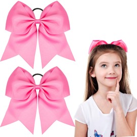 2 Packs Jumbo Cheerleading Bow 8 Inch Large Cheer Hair Bows with Ponytail Holder for Teen Girls Softball Outfit Uniform(Hot Pink)