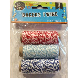 Crafters Square 3 Spools Bakers Twine, Cotton, Twine, 32.8 Feet/10.9 Yds Each, Red White Light Blue