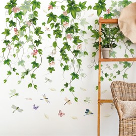 RAINBOW WSK Green Plants Leaves Wall Decals Hanging Vine Wall Stickers Removable Green Ivy Vine Wall Murals Peel and Stick Nature Vine Plants Butterfly Wall Decor for Bedroom Living Room MUP1607