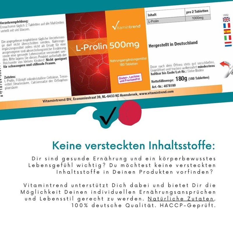 L-Proline 500 mg - 180 Vegan Tablets - High Dose