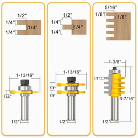 MEANLIN 3PCS Reversible Finger Joint Router Bit & Tongue and Groove Router Bit 1/2 Inch Shank Woodworking Carbide Joinery Wood Milling Cutter for Cabinet Door, Frames and More