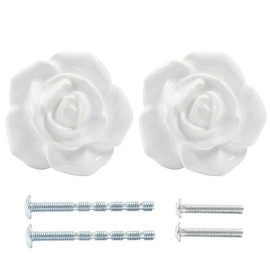 Bonsicoky 2 Pcs White Rose Drawer Pulls, Ceramic Flower Knobs Decor Handles for Drawer, Cabinet, Dresser, Cupboard, Door