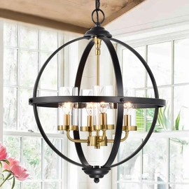 Treekee Rustic Chandelier, 17" Black and Gold Finish Glass Cover Luxurious Hanging Light, 4-Light Globe Vintage Pendant Ceiling Light Fixtures for Living Room Entry Way Dining Room