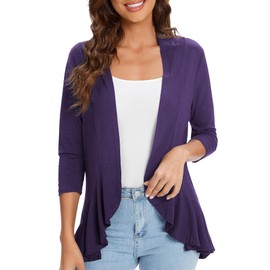 Urban CoCo Women's Casual Lightweight Open Front Cardigan Soft Draped Ruffles 3/4 Sleeve (Purple, l)