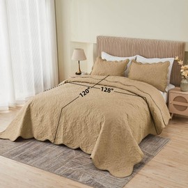 Oversized King Bedspreads 128x120 Extra Wide Quilt for Tall King California King Bed Lightweight 3 Piece Quilted Coverlet Pillow Shams Set Beige