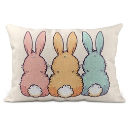 Anonymous Gifting Bunny Tails Cushion cover - Easter, spring, brightly coloured trio of bunny rabbits hand printed on linen-style pillow cover