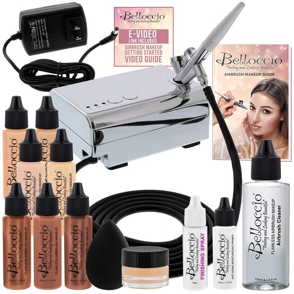 Belloccio Professional Beauty Deluxe Airbrush Cosmetic Makeup System with 4 Fair Shades of Foundation in 1/2 oz Bottles - Kit includes Blush, Bronzer and Highlighters