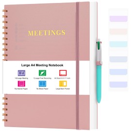 Meeting Notebook for Work, Notebooks for Work 8.5" x 11", Professional Meeting Notes Notebook for Women Men, Large Spiral Notebook with Numbered Page, Sticky Tabs, PVC Pockets for Organization, Pink
