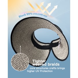 FURTALK Sun Visor Hats for Women Wide Brim Straw Roll-Up Ponytail Summer Beach Hat UV UPF Packable Foldable Travel