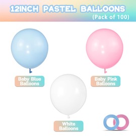 100 Pack Pink and Blue Balloons 12 inch Pastel Pink Blue White Party Balloons with 65ft Ribbon for Gender Reveal Baby Shower Birthday Bridal Shower Wedding Party Decorations