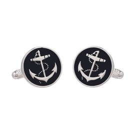 Cufflinks - Round Black Cufflinks With a Ship Anchor Design Presented in an Onyx Art Cufflink Box