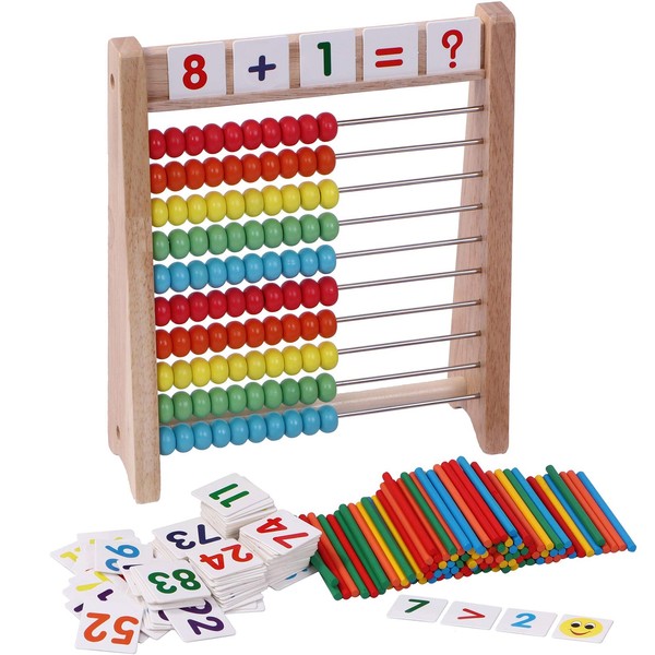 Cltoyvers Wooden Abacus for Kids Math with 100 Counting Sticks and Number Toys Cards 1-100, Educational Math Games Preschool Learning Toys, Math Manipulatives for Elementary 1st 2nd Grade