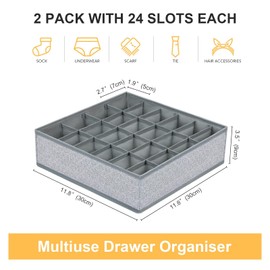 DIMJ Pack of 2 Storage Boxes, 24 Cell Drawer Organiser, Foldable Wardrobe Socks Organiser, Drawer Organiser System for Socks, Ties, Belts