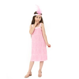 Rabtero Kids Roaring the 20s Fancy Dress Costume, Girls' Flapper Dress with Pearl Necklace and Feather Headband, Gangster Flapper Dress for Girls, Pink, Small 4-6