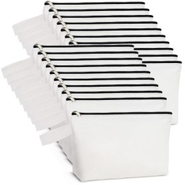 20 12Oz Canvas Pencil Pouch with Bottom and Strap, KOOLMOX Multi-Purpose Cotton Canvas Zipper Travel Toiletry Pouch, Blank for DIY Sublimation (White Bag w/Black Zipper, M, 10.2x5.5x2.1'')