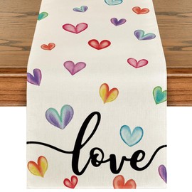 Artoid Mode Colorful Heart Love Valentine's Day Table Runner, Seasonal Anniversary Kitchen Dining Table Decoration for Indoor Home Party 13x72 Inch