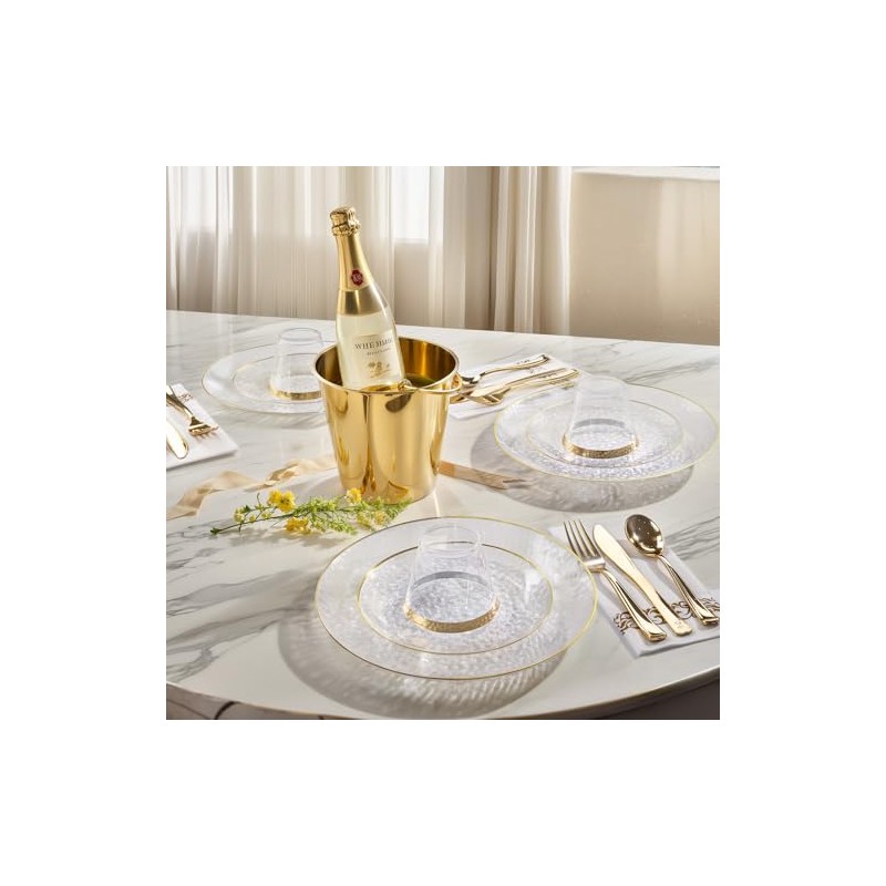 DaYammi 175PCS Clear Gold Plastic Dinnerware Set, Plastic Plates Disposable