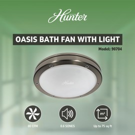 Hunter Oasis 80 CFM Bathroom Exhaust Fan - Hunter Ceiling Fan with Light and Night Light – Brushed Nickel