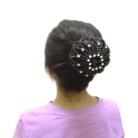 "Honbay Hair Bun Cover Elastic Handmade Crochet Hair Net Snood with Pearls and Rhinestones for Ballet, Dance, Skating, etc (Black)"