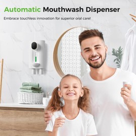 Oylik Automatic Mouthwash Dispenser 18.26 oz Touchless Mouthwash Dispenser for Bathroom 2 Magnetic Cup USB Rechargeable and 3 Dispensing Levels with Led Screen Wall-Mounted or Countertop Use-White